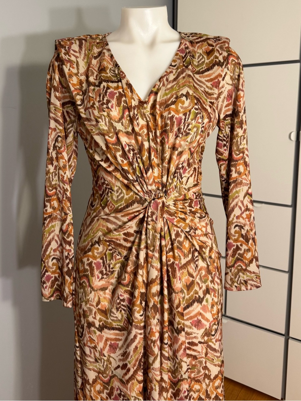 Twist-Front Long Sleeve Dress in Earthy Multi-Print